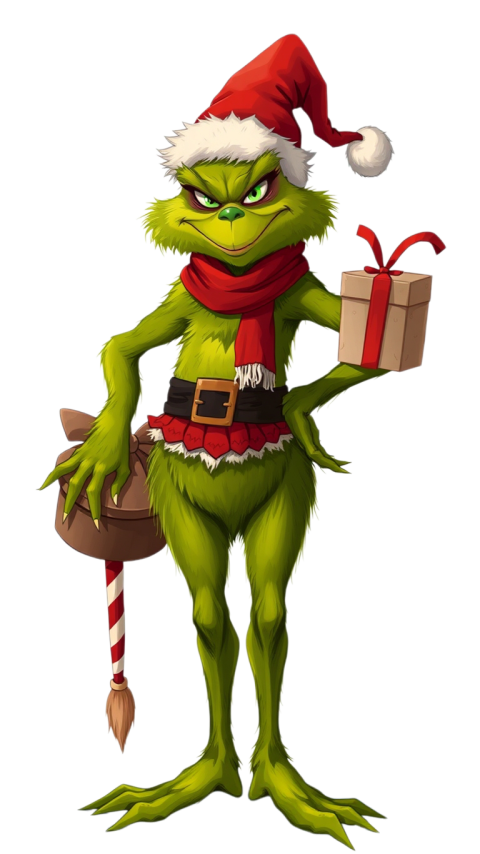 A cheerful Grinch character holding a colorful gift, showcasing a playful and festive spirit in a PNG format