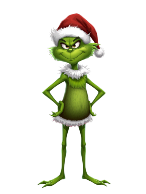 A Grinch Png character wearing a festive Santa hat showcasing a mischievous grin, perfect for holiday themed designs