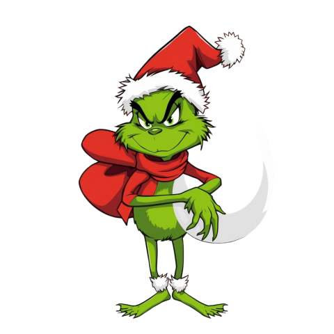 A Grinch Png character with a mischievous grin holds a large letter, set against a transparent background