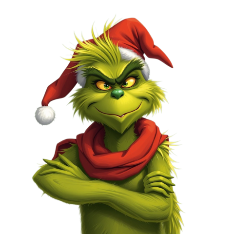 A Grinch Png wearing a Santa hat and scarf showcasing a mischievous grin perfect for holiday themed designs