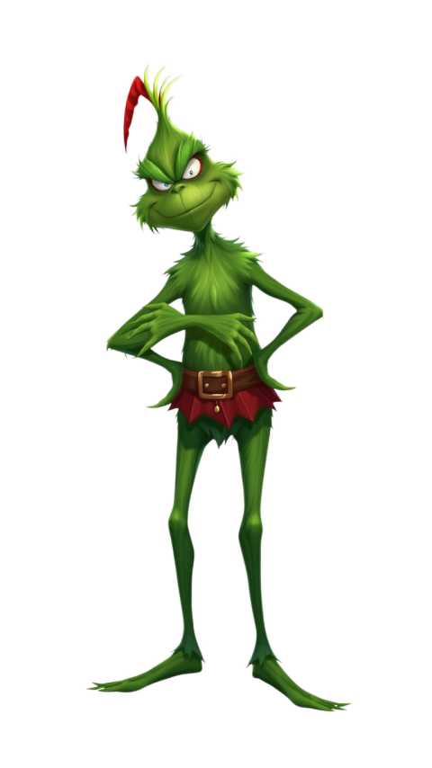 A Grinch Png with a mischievous grin stands prominently against a solid