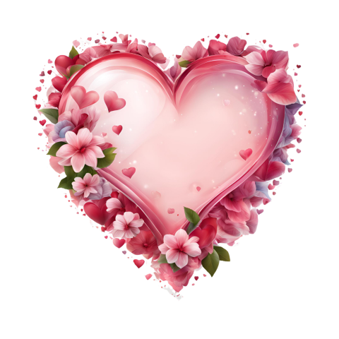 A heart adorned with flowers and leaves, set against a transparent PNg