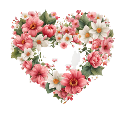A heart shaped frame with flowers and a silhouette of a couple inside, heart Png