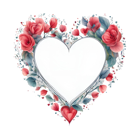 A heart shaped frame with flowers and leaves, heart Png