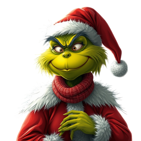 A mischievous Grinch wearing a Santa hat showcasing a wide grin embodying holiday spirit