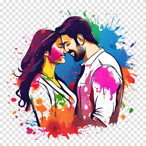 Beautiful Holi Indian Couple Drawing Png Image Download