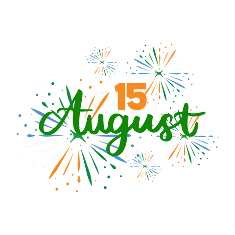 Colorful fireworks bursting in the sky with '15 August' written on a transparent png