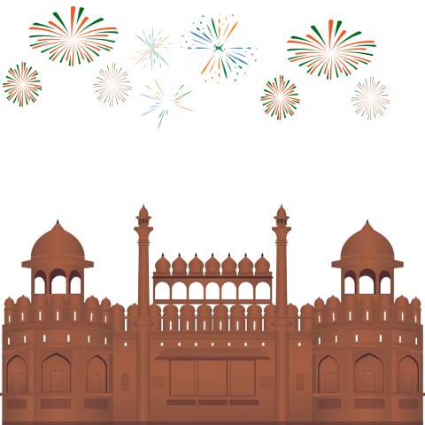 Fireworks light up the sky over a building with a tower on 15 August Png