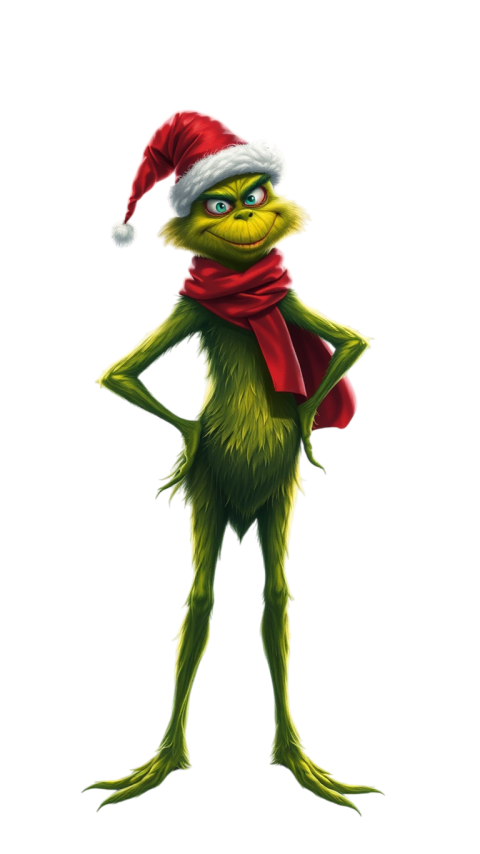 Grinch Png wearing a Santa hat showcasing a wide playful grin, perfect for holiday