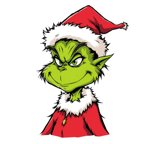 Grinch with a red face and a Santa hat, depicted in a transparent PNG format