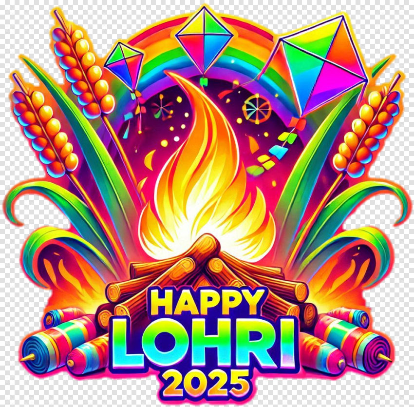 Happy Lohri Text Free Png With Bonfire Design