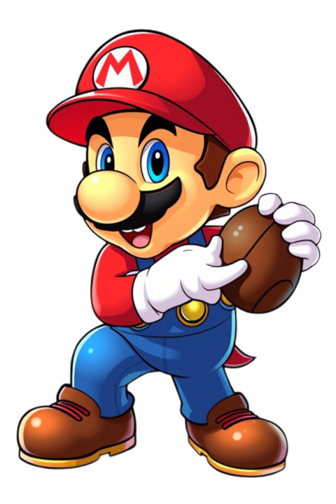 Mario, a cartoon character, is holding a football in his hand, showcasing his sporty side in a vibrant PNG format   1000x1500