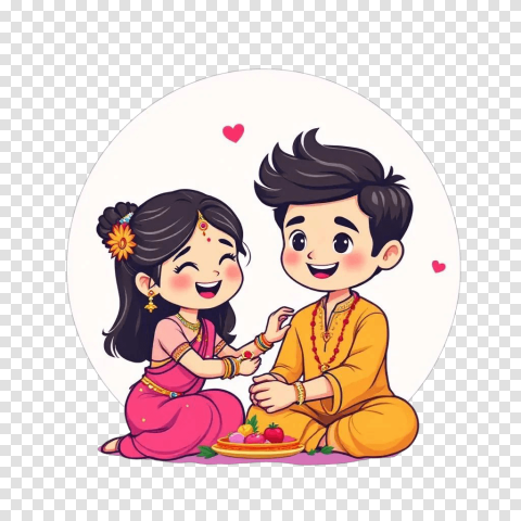 Raksha bandhan png cartoon kids sister tying rakhi boy yellow outfit girl pink dress