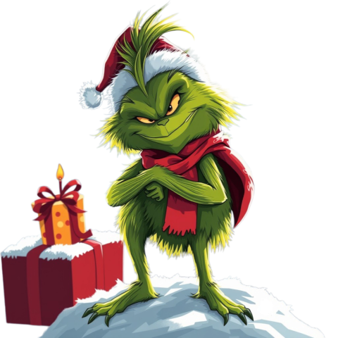The Grinch png stands cheerfully in front of a beautifully wrapped gift, showcasing