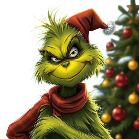 The Grinch stands cheerfully in front of a beautifully decorated Christmas tree, showcasing his iconic grin